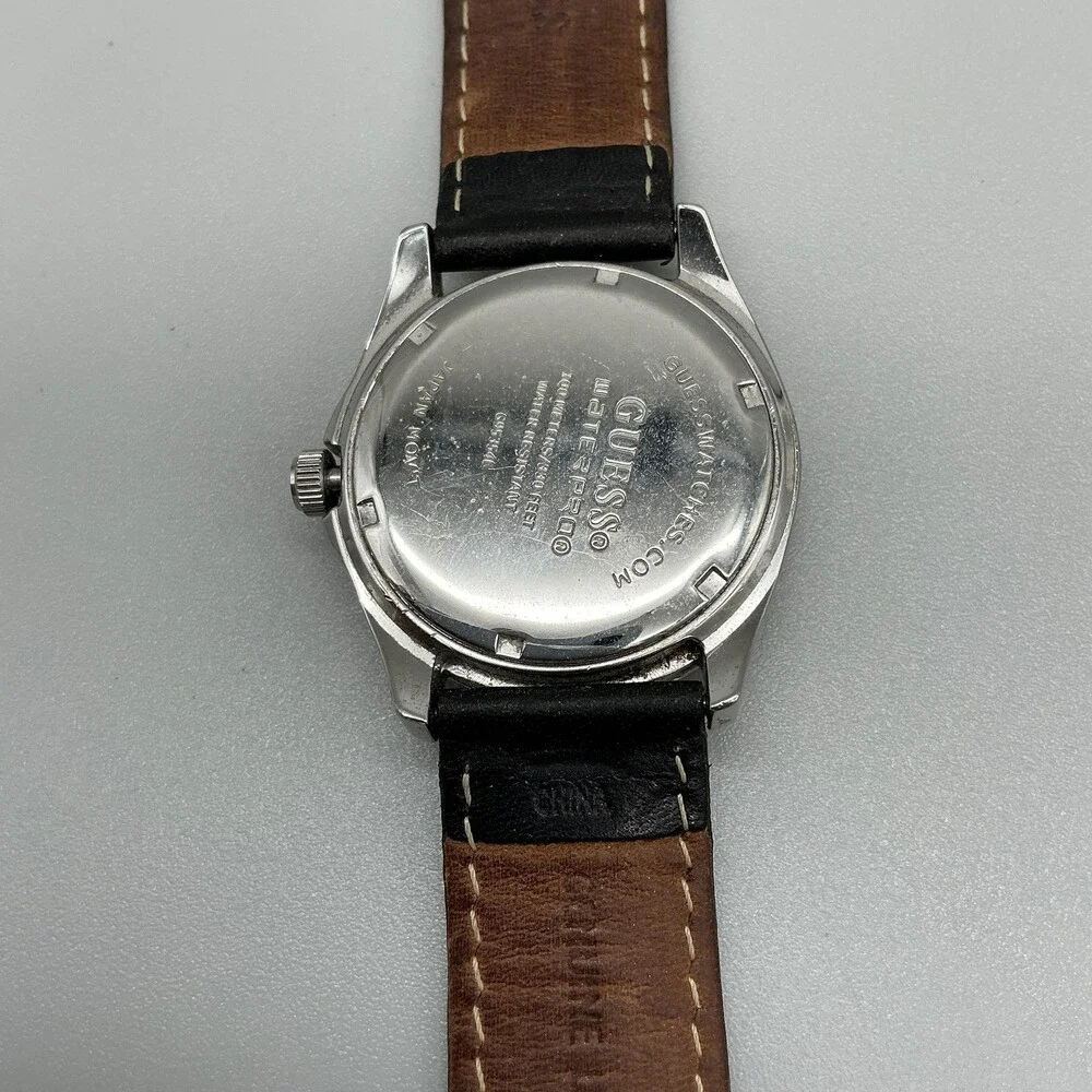 Guess Waterpro Womens Watch 38mm MOP Dial Black Leather Crystals New Battery